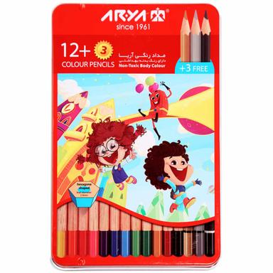 مداد رنگی 3+12 رنگ آریا طرح جعبه فلزی product image